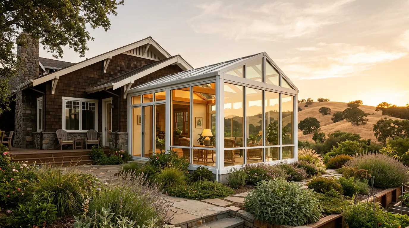Glass sunroom addition on a craftsman home with golden California hills behind